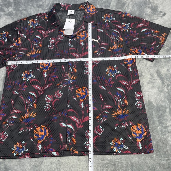 Puma Shirt Mens Large Paradise Golf Active Relaxed Fit Mesh Button Floral Black - Picture 4 of 7